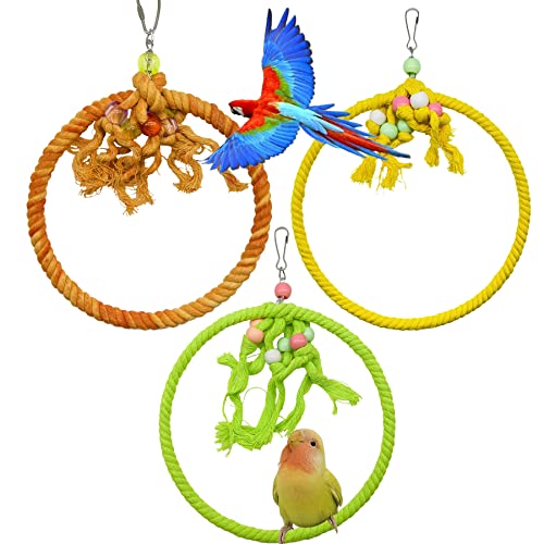 Allazone 3 Stück Baumwollseil Ring Schaukel, 23cm Sitzstangen für Vögel, Vögel Spielzeug Vogel Papagei Schaukel Spielzeug für Vogelkäfig Garten und Fenster von Allazone