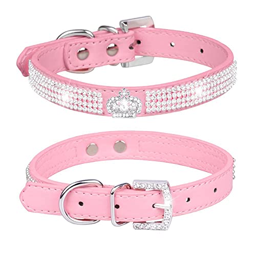 Halsband für Haustiere, Katzen, Hunde, Kunstleder, glitzernd, mit Strasssteinen besetzt, Größe M: 27–35 cm, Rosa 1 von N\A