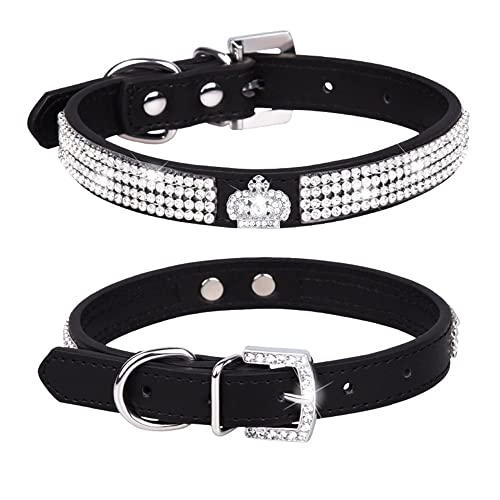 Halsband für Haustiere, Katzen, Hunde, Kunstleder, glitzernd, mit Strasssteinen besetzt, Größe S: 21–27 cm, Schwarz 1 von N\A