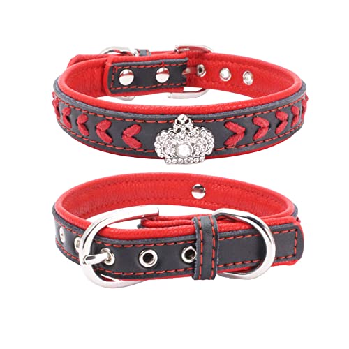 Hundehalsband, geflochten, weich gepolstert, aus echtem Leder, Strass-Krone & stilvolles geflochtenes Hundehalsband, passend für kleine, mittelgroße und große Rassen (L:37-47 cm, Rot) von N\A