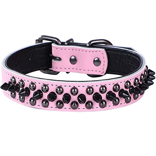 Hundehalsband mit Nieten, echtes Leder, verstellbare Haustierhalsbänder für mittelgroße und große Bulldogge, Pitbull, Mastiff, Pudel, Boxer (L: 37–47 cm, Pink-1) von N\A