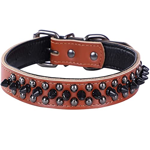 Hundehalsband mit Nieten, echtes Leder Halsband, Hunde Halsbänder verstellbar für mittelgroße und große Bulldogge, Pitbull, Mastiff, Pudel, Boxer (M: 29-38 cm, Braun-1) von N\A