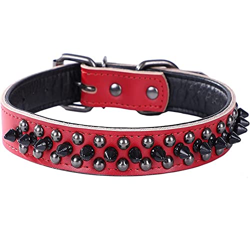 Hundehalsband mit Nieten, echtes Leder, verstellbare Haustierhalsbänder für mittelgroße und große Bulldogge, Pitbull, Mastiff, Pudel, Boxer (M: 29–38 cm, Rot-1) von N\A