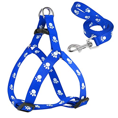 Nylon Hundegeschirr und Leine Set Verstellbar Pfotenabdruck Hundegeschirr für Kleine und Mittlere Hunde S/M/LM Blaue Leine von N\A