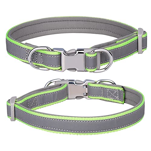 Reflektierendes Nylon-Hundehalsband mit Sicherheitsschnalle, verstellbare Haustierhalsbänder mit weicher Neoprenpolsterung für kleine/mittelgroße/große Hunde (L passend für Halsumfang 38-60 cm, grün) von N\A