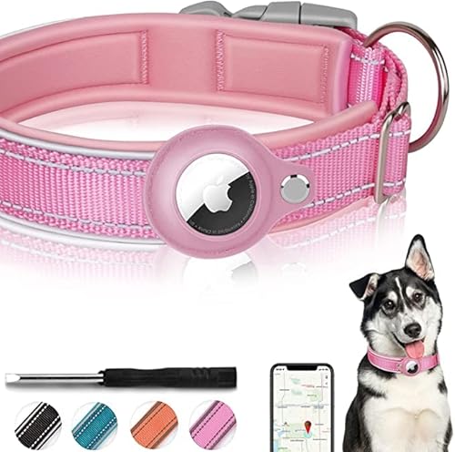 Airtag Hundehalsband, reflektierendes Nylon-Hundehalsband, verstellbares Haustierhalsband mit Schnellverschluss-Schnalle, Apple Airtag-Halsband mit Halter für kleine, mittlere, große und extra große Hunde (klein, rosa) von N/A2