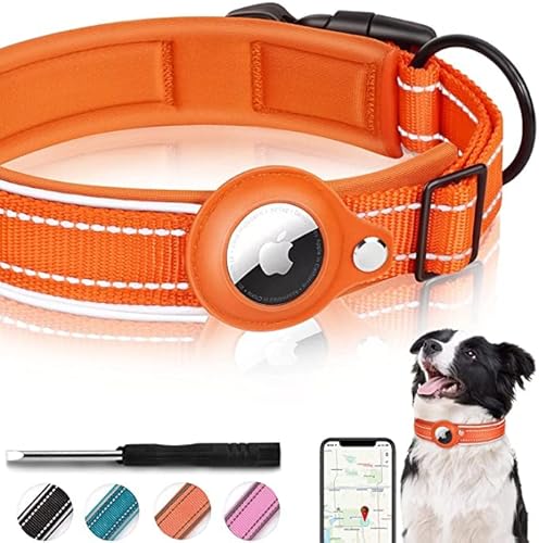 Airtag Hundehalsband, reflektierendes Nylon-Hundehalsband, verstellbares Haustierhalsband mit Schnellverschluss-Schnalle, Apple Airtag-Halsband mit Halterung für kleine, mittelgroße, große und extra große Hunde (XL, Orange) von N/A2