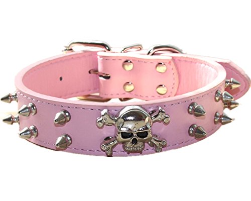 Hundehalsband aus Leder, 2 Reihen mit Nieten, Nieten, PU-Leder, cooles Totenkopf-Haustierhalsband für mittelgroße und große Hunde (L: 43,2–50,8 cm, Rosa) von N\B