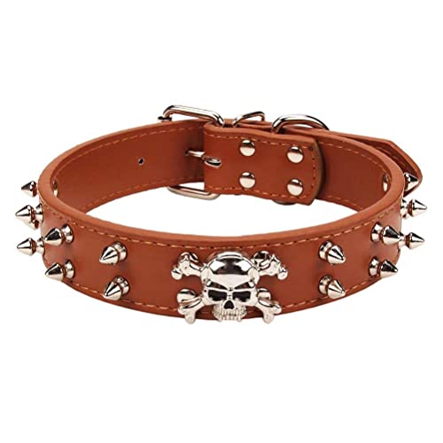 Hundehalsband aus Leder, 2 Reihen mit Nieten, Nieten, PU-Leder, cooles Totenkopf-Haustierhalsband für mittelgroße und große Hunde (M: 38,1–45,7 cm, Braun) von N\B