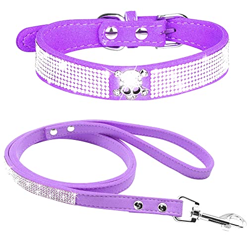 Hundehalsband mit Strasssteinen, niedliches schillerndes, funkelndes weiches Samt-Leder-Hundehalsband und Leine, Set für kleine Haustiere, Hunde, Katzen, Welpen, Halsband (XS: 21–27 cm, Lila-5) von N\B