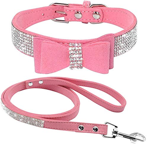 Strass-Hundehalsband, niedlich, schillernd, funkelnd, weiches Samt-Leder-Hundehalsband und Leine, Set für kleine Haustiere, Hunde, Katzen, Welpenhalsband (M: 33–39 cm, Pink-1) von N\B