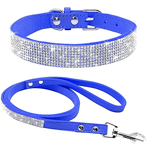 Strass-Hundehalsband, niedlich, schillernd, funkelnd, weiches Samt-Leder-Hundehalsband und Leine, Set für kleine Haustiere, Hunde, Katzen, Welpenhalsband (S: 27–33 cm, Dunkelblau) von N\B