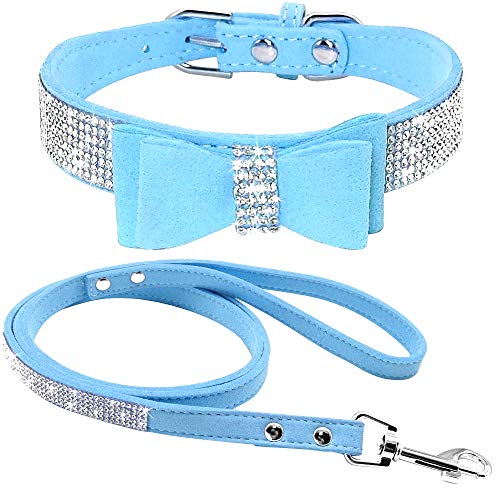 Strass-Hundehalsband, niedlich, schillernd, funkelnd, weiches Samt-Leder-Hundehalsband und Leine, Set für kleine Haustiere, Hunde, Katzen, Welpenhalsband (XS: 21–27 cm, Blau-1) von N\B