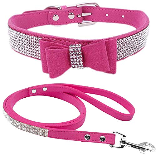 Strass-Hundehalsband, niedlich, schillernd, funkelnd, weiches Samt-Leder-Hundehalsband und Leine, Set für kleine Haustiere, Hunde, Katzen, Welpenhalsband (XS: 21–27 cm, Hot Pink-1) von N\B