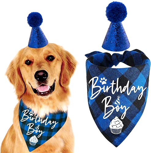 easycozy Klassisches blaues kariertes Haustier-Welpen-Hunde-Halstuch, mit Hunde-Geburtstagsparty-Hut, Zubehör, Geburtstags-/Hunde-Geburtstags-Halstuch, Lätzchen für Haustiere, Geburtstags-Outfit, von NC