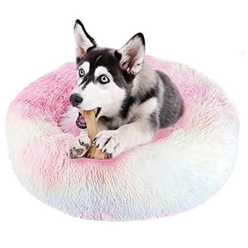 Hundebett, weiches Plüsch-Katzenkissen, rutschfest, maschinenwaschbar, selbstheizend, kann den Schlaf des Haustieres verbessern, Größe XL, Regenbogen Durchmesser 80 cm von N\O