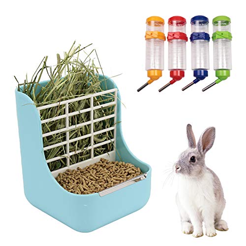 NO Heiqlay 1 Heuspender mit Tablett und 1 Trinken Flasche, Kaninchen Heuraufe, Rabbit Hay Feeder, Weniger verschwendete Krippe für Kaninchen Meerschweinchen Chinchilla Hamster Kleintiere von N\O