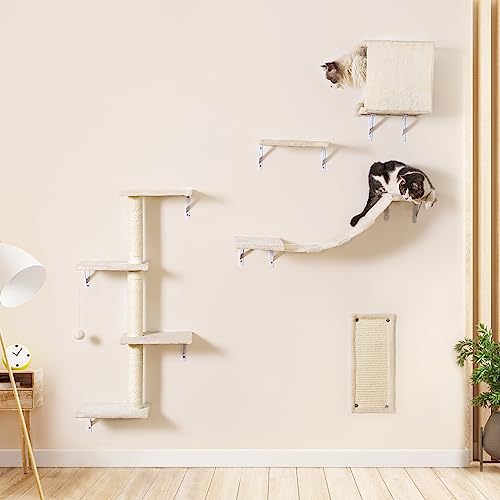 Kletterwand Katzen Set - 5-teiliges Katzen-Wandregale, Stabiler Holzkletterer für Katzen, Wandpark mit Katzenhaus, Katzenbrücke, Katzenbaum, Katzentreppe und Kratzbrett für Katzen (Beige) von N NORA TWIPS