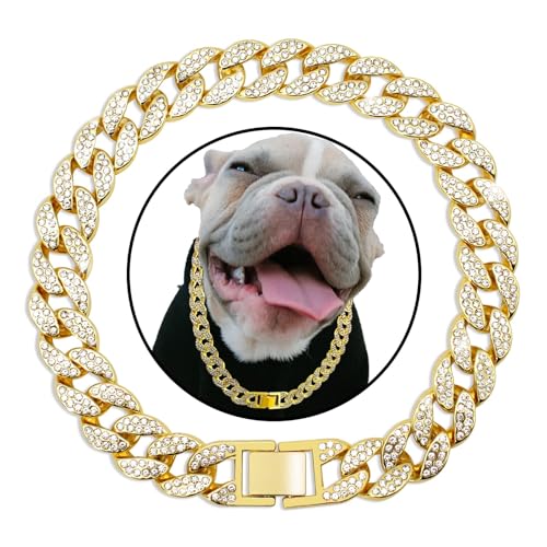 Kubanische Link Hundehalsband Diamant Goldkette Hundehalsband zu Fuß Metall Goldkette für Hunde mit Design sichere Schnalle, Haustiere kubanischer Kragen Schmuck Zubehör für kleine, mittel, große von NADEAU