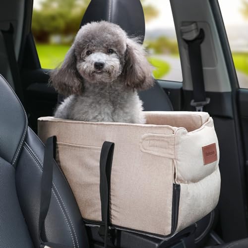 NAHANGPET Hunde-Autositz für kleine Hunde, Mittelkonsole, Hundeautositz mit Aufbewahrungstaschen und Sicherheitsleine, abnehmbarer und waschbarer Hundeerhöhung, tragbares Hunde-Reisebett (Beige) von NAHANGPET