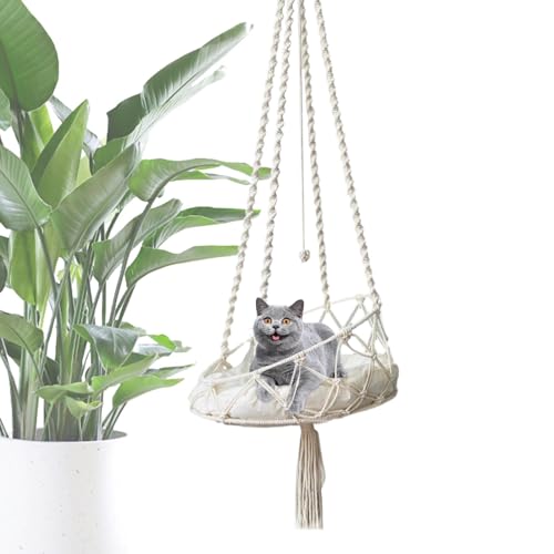 NAIYAN Makramee-Katzenhängematte, Katzenhängemattenbett | Boho Hängematte Indoor Katzen Schaukelbett | Haustier-Katze spielt Kletter-Lounge-Hängematte mit abnehmbarem Kissen für Terrasse, Garten von NAIYAN