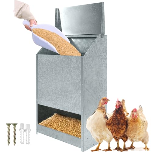 NAIZY Futterautomat Hühner 22KG Hühnerfutter Automat Futterspender Verzinkt Futtertrog Wandhalterung mit Deckel Geflügelfutterautomat für Geflügel Hühner Puten Gänse Enten von NAIZY