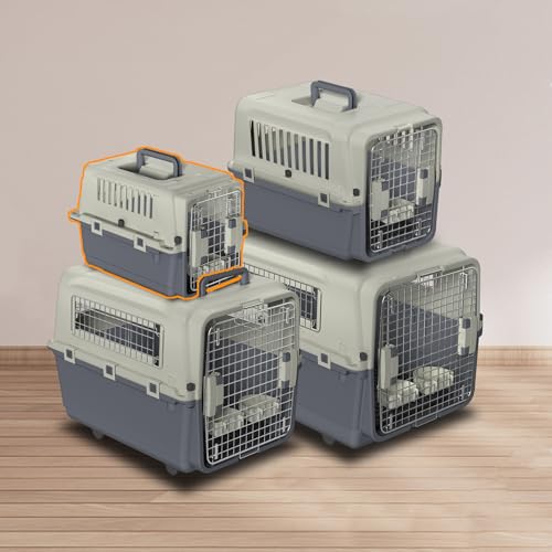 NAIZY Transportbox Hund, 49.5x33.5x36cm Hundtransportbox Reise & Transport Flugzeugbox mit Metall Tür und Lüftungsschlitze Fenster Hundbox Belastbar bis 5KG inkl. Pinkelpads Fressnäpfe Griff von NAIZY