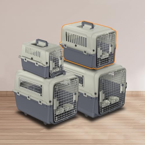 NAIZY Transportbox Hund, 60x39.5x44cm Hundtransportbox Reise & Transport Flugzeugbox mit Metall Tür und Lüftungsschlitze Fenster Hundbox Belastbar bis 9KG inkl. Pinkelpads Fressnäpfe Griff von NAIZY