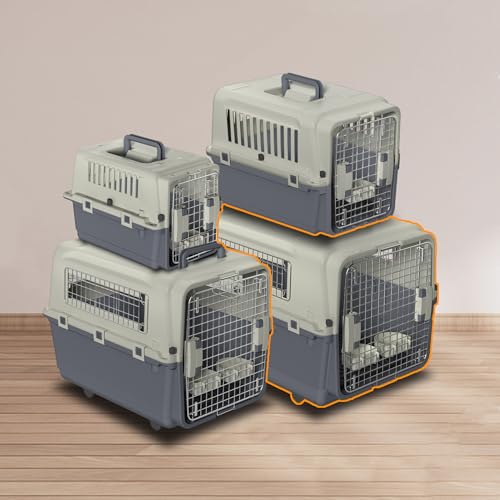 NAIZY Transportbox Hund, 80x57x70cm Hundtransportbox Reise & Transport Flugzeugbox mit Metall Tür und Lüftungsschlitze Fenster Hundbox Belastbar bis 20KG inkl. Pinkelpads Fressnäpfe Griff Rollen von NAIZY