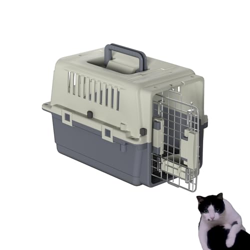 NAIZY Transportbox Katzen, 49.5x33.5x36cm Katzentransportbox Reise & Transport Flugzeugbox mit Metall Tür und Lüftungsschlitze Fenster Katzenbox Belastbar bis 5KG inkl. Pinkelpads Fressnäpfe Griff von NAIZY