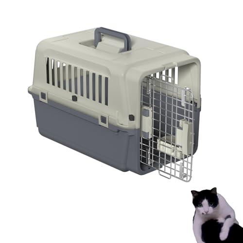 NAIZY Transportbox Katzen, 60x39.5x44cm Katzentransportbox Reise & Transport Flugzeugbox mit Metall Tür und Lüftungsschlitze Fenster Katzenbox Belastbar bis 9KG inkl. Pinkelpads Fressnäpfe Griff von NAIZY