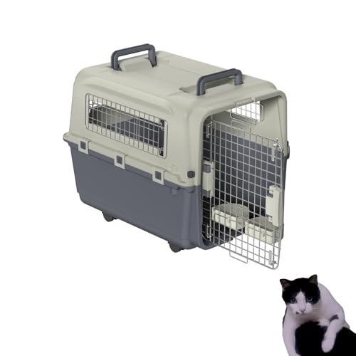 NAIZY Transportbox Katzen, 67x51x58.5cm Katzentransportbox Reise & Transport Flugzeugbox mit Metall Tür und Lüftungsschlitze Fenster Katzenbox bis 12.5KG inkl. Pinkelpads Fressnäpfe Griff Rollen von NAIZY