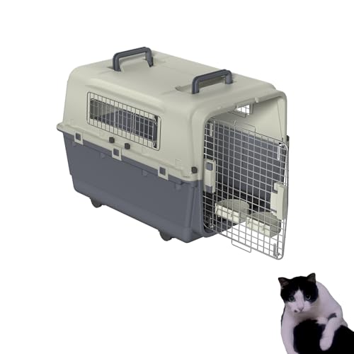 NAIZY Transportbox Katzen, 80x57x70cm Katzentransportbox Reise & Transport Flugzeugbox mit Metall Tür und Lüftungsschlitze Fenster Katzenbox bis 20KG inkl. Pinkelpads Fressnäpfe Griff Rollen von NAIZY