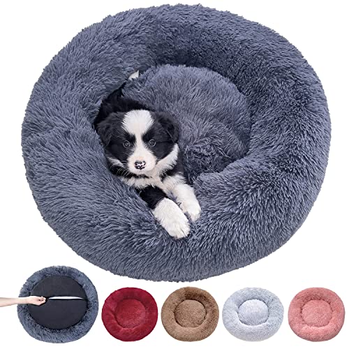 NAKLULU Hundebett Maschinenwaschbares Rund Katzenbett Hundekissen Hundekorb Hundebetten für Kleine, Mittelgroße und Grosse Hunde, Dunkelgrau, S 60cm Außendurchmesser von NAKLULU