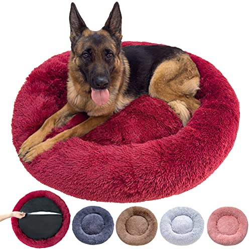 NAKLULU Hundebett Maschinenwaschbares Rund Katzenbett Hundekissen Hundekorb Hundebetten für Kleine, Mittelgroße und Grosse Hunde, Rot, 3XL 110cm Außendurchmesser von NAKLULU