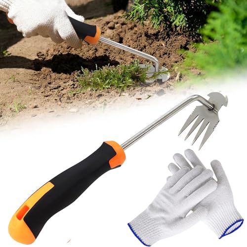 Gartenarbeit Hand Unkrautstecher, Unkrautjäter mit Stiel Gummigriff, Premium Manganstah Unkrautstecher, Unkraut Entferner Gerät 4 Zähne mit Baumwollhandschuhe, Gardena Unkrautstecher Gartenwerkzeug von NAMIS