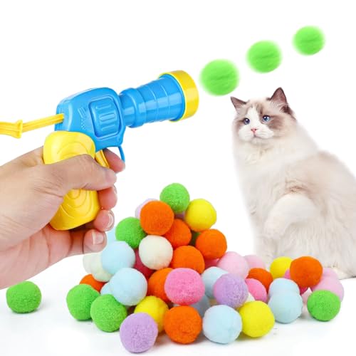 Katzenspielzeug Ball, 100 Weiche Katzen Ball, Katzenspielzeug Interaktiv mit 1 Katzenspielzeug Werfer, Geräuschloser Katzenball für Katzen Indoor, Bunt Katzenspielzeug Bälle für Interaktion, Training von NAMIS