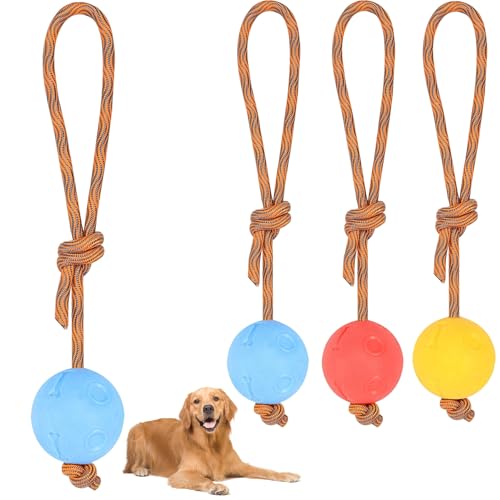 NAMIS 4 Stück Ball mit Schnur Hund, ø 5/30 cm Ball am Seil Naturkautschuk, Hundespielzeug Ball mit Seil extrem Weite Würfe, Hundeball Snackball, Hundebälle Kleine Hunde, Große Hunde (Rot Gelb Blau) von NAMIS