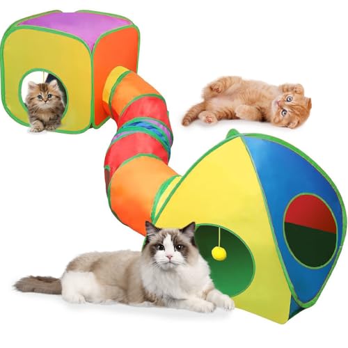 NANEEZOO Katzentunnel große - Katzenspielzeug 3 in 1 Faltbare Katzen Tunnel mit Aufbewahrungstasche Interaktives Katzen Spielzeug 3 Wege Spieltunnel - für Katze Welpen Kaninchen (Regenbogen) von NANEEZOO