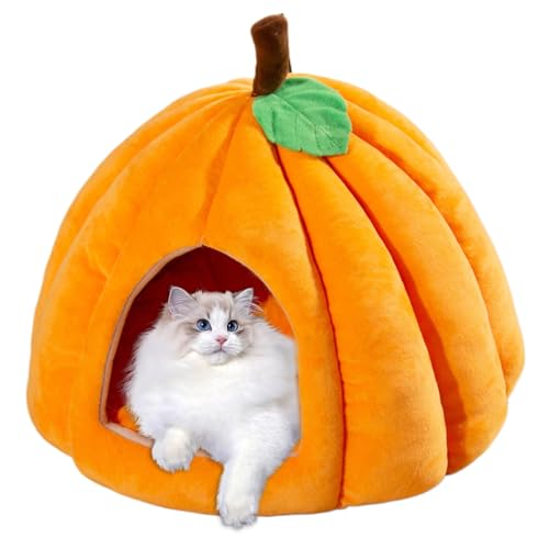 NASSMOSSE Halloween Decor Cat Cave Kürbisförmige Halloween-Katzenhöhlenbett geschlossene thermische Katzenhaus weich bequemer Nicht rutsches Dampproof-Katzenbetten für Innenkatzen, l von NASSMOSSE