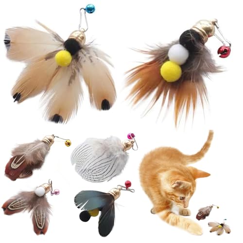 NASSMOSSE Katzenstab-Spielzeug, 6 Stück Katzenfeder-Spielzeug-Nachfüller, interaktiver Katzenspielzeugstab, Katzenfederstab, Feder-Katzenspielzeug, Ersatz-Katzen-Teaser-Zauberstab-Aufsätze, von NASSMOSSE