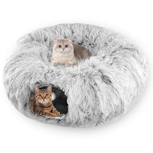 NATNAV Katzentunnel Rund mit Katzenbett Flauschig, Weicher Plüsch Katzen Donut Tunnel für Kleine Mittlere und Große Katzen,als Schlafplatz und Multifunktionales Katzenspielzeug Set (Grau) von NATNAV