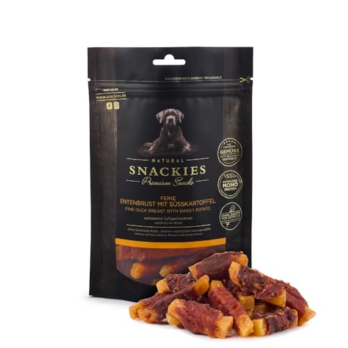 SNACKIES Premium Snacks für Hunde, ohne Zusatz von Getreide, Zucker, Farb-, Aroma- und Konservierungsstoffe, schonend luftgetrocknete Leckerli, Feine Entenbrust mit Süßkartoffel 170g von NATURAL SNACKIES Premium Snacks