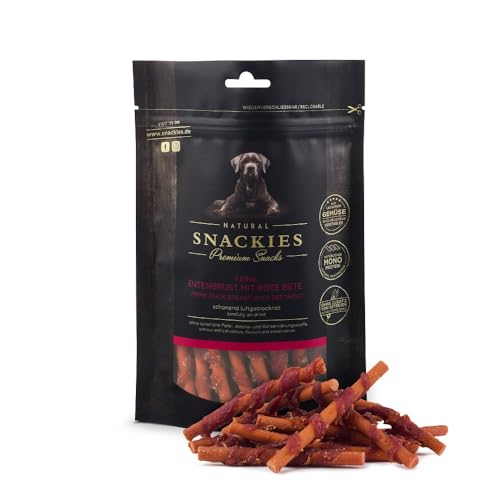 SNACKIES Premium Snacks für Hunde, ohne Zusatz von Getreide, Zucker, Farb-, Aroma- und Konservierungsstoffe, schonend luftgetrocknete Leckerli, Feine Entenbrust mit roter Beete 170g von NATURAL SNACKIES Premium Snacks