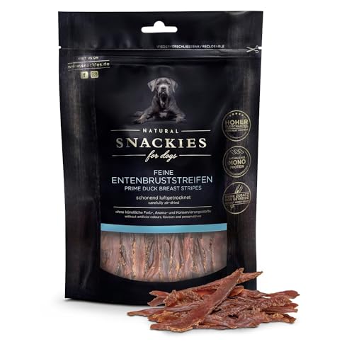 SNACKIES Premium Snacks für Hunde, ohne Zusatz von Getreide, Zucker, Farb-, Aroma- und Konservierungsstoffe, schonend luftgetrocknete Leckerli, Feine Entenbruststreifen 180g von NATURAL SNACKIES Premium Snacks