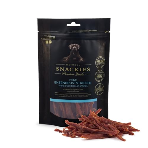 SNACKIES Premium Snacks für Hunde, ohne Zusatz von Getreide, Zucker, Farb-, Aroma- und Konservierungsstoffe, schonend luftgetrocknete Leckerli, Feine Entenbruststreifen 90g von NATURAL SNACKIES Premium Snacks