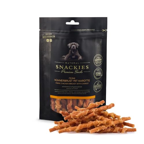 SNACKIES Premium Snacks für Hunde, ohne Zusatz von Getreide, Zucker, Farb-, Aroma- und Konservierungsstoffe, schonend luftgetrocknete Leckerli, Feine Hühnerbrust mit Karotte 170g von NATURAL SNACKIES Premium Snacks