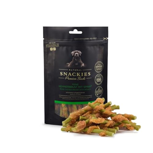 SNACKIES Premium Snacks für Hunde, ohne Zusatz von Getreide, Zucker, Farb-, Aroma- und Konservierungsstoffe, schonend luftgetrocknete Leckerli, Feine Hühnerbrust mit Spinat 80g von NATURAL SNACKIES Premium Snacks