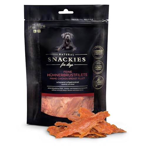 SNACKIES Premium Snacks für Hunde, ohne Zusatz von Getreide, Zucker, Farb-, Aroma- und Konservierungsstoffe, schonend luftgetrocknete Leckerli, Feine Hühnerbrustfilets 180g von NATURAL SNACKIES Premium Snacks