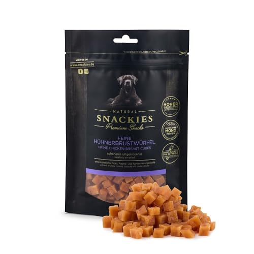 SNACKIES Premium Snacks für Hunde, ohne Zusatz von Getreide, Zucker, Farb-, Aroma- und Konservierungsstoffe, schonend luftgetrocknete Leckerli, Feine Hühnerbrustwürfel 180g von NATURAL SNACKIES Premium Snacks